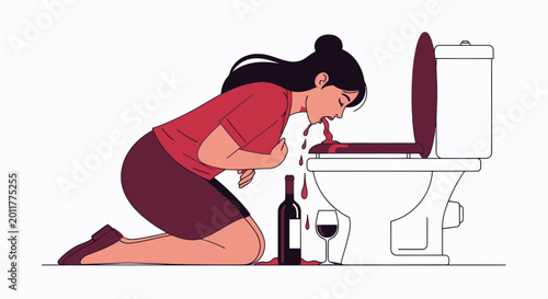 Schilderij op canvas Woman vomiting into a toilet bowl.