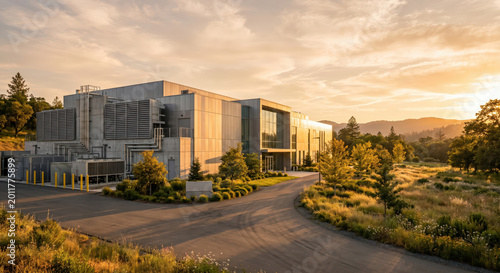 Modern data center building at sunset, cloud computing infrastructure and high tech server farm facility in natural landscape.