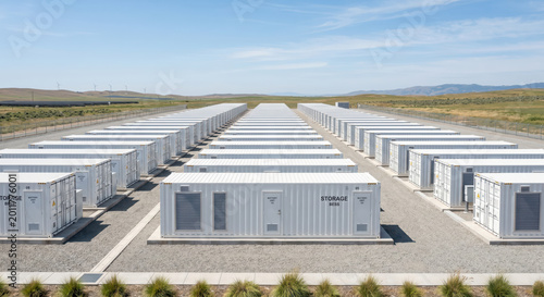 Aerial view of a large-scale battery energy storage system, BESS infrastructure for renewable energy grid stability.