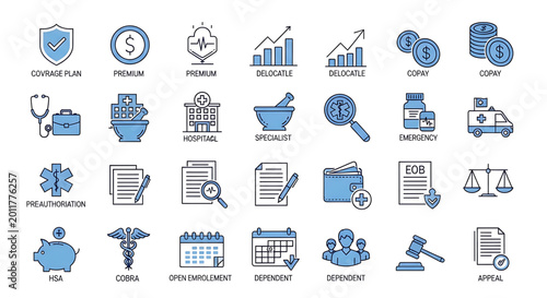 Set of health insurance and medical service icons, including coverage plan, premium, copay, hospital, specialist, emergency, preauthorization, hsa, cobra, open enrollment, dependent, and appeal
