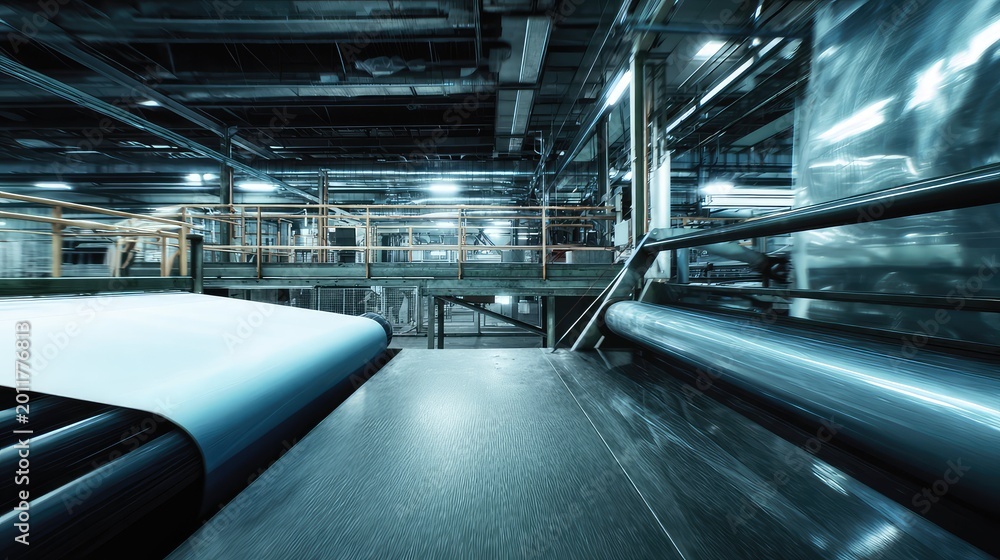 Obraz premium Automated manufacturing facility producing plastic material, with a modern industrial production line featuring conveyor belts and rollers moving a sheet of film