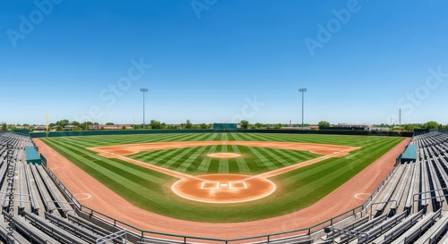 A wide angle view of a professional baseball diamond with vibrant green grass, groomed dirt, home plate, and empty bleachers under a blue sky, diamond, dirt, professional