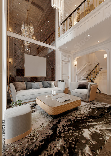 3d render of luxury home interior, living room