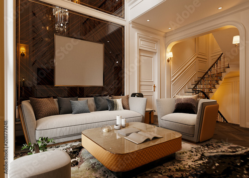 3d render of luxury home interior, living room