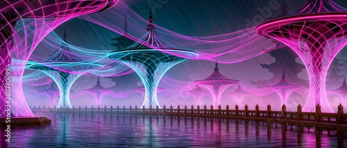 Cyberpunk skyline glows with neon lights