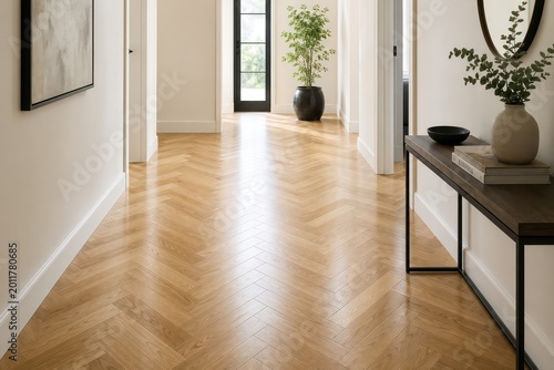 Elegant herringbone wood flooring in a modern home hallway, natural oak planks creating a sophisticated pattern; contemporary interior design and architectural detail for residential spaces