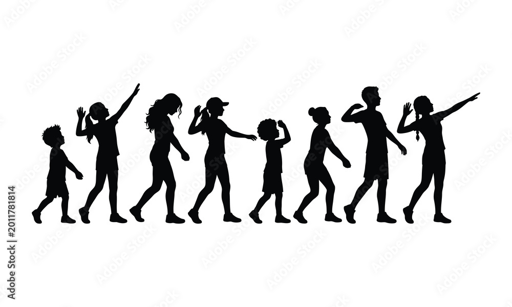 Obraz premium Silhouette of diverse people walking together, men, women, and children, isolated