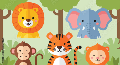 Photography Cartoon jungle animals, wildlife icons, safari creatures, kids illustration set