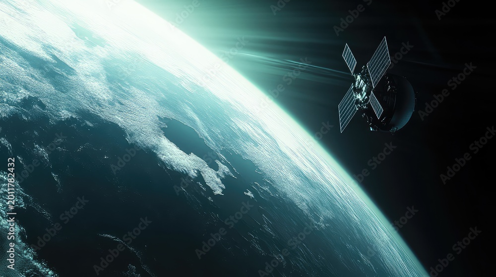 Fototapeta premium Satellite with solar panels maintaining orbit above a planet's illuminated horizon, facilitating worldwide communication and broadcasting across the vastness of space