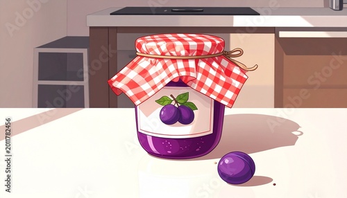 Homemade Plum Jam Jar with Checkered Cloth Showcasing Artisanal Food and Cozy Kitchen Photography Design