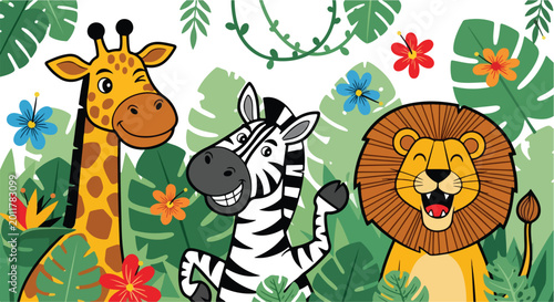 Photography Cartoon jungle animals, giraffe, zebra, lion, colorful floral background, vector