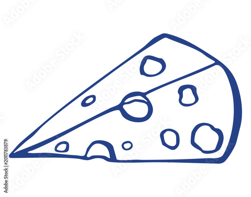 Bilde på lerret Hand drawn minimalist line art illustration of a Swiss cheese wedge with clean blue outlines and organic holes, featuring a dainty coquette aesthetic