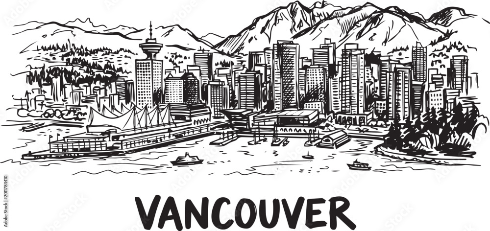 Obraz premium Vancouver skyline cityscape with mountains in the background sketch style in outline style landscape