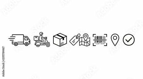Delivery logistics icons set with truck, scooter, package, barcode, location pin, map, tag, checkmark, shipping, courier, tracking, transport