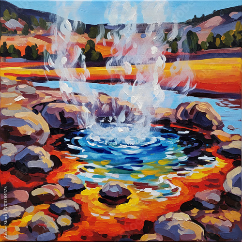 Colorful Geyser Eruption Painting Capturing Natures Dynamic Beauty.