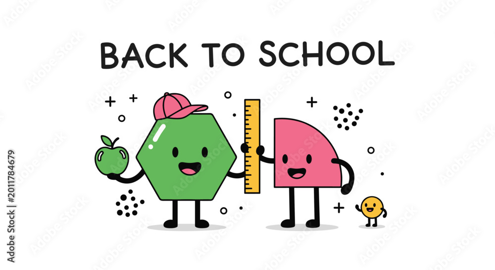 Fototapeta premium Group of cute geometric shape characters, including a green hexagon and pink sector, holding an apple and a ruler.
