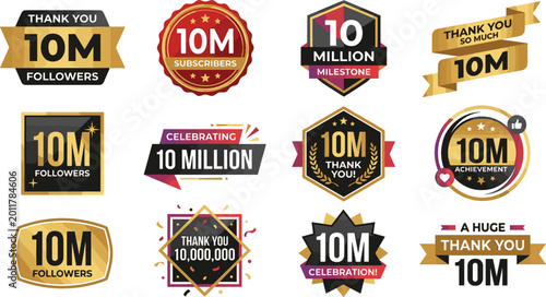 10 million followers badge and subscriber milestone label collection with luxury celebration emblem banner and thank you vector designs