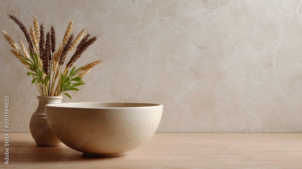 Fototapeta premium Minimalist still life featuring wheat stalks and a cream ceramic bowl displayed on a wooden surface against a textured neutral backdrop