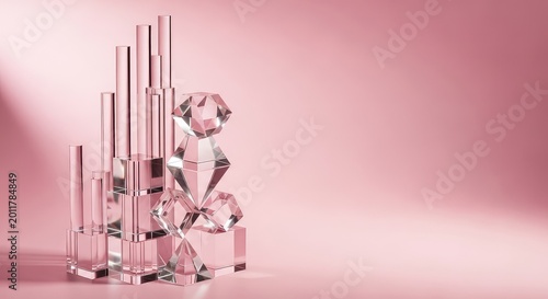 Transparent acrylic rods and geometric prisms create a minimalist abstract arrangement on a soft pink background with elegant lighting, elegant, modern, backdrop