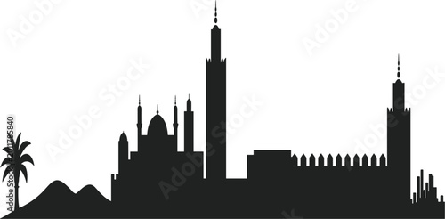 Black silhouette of Morocco city skyline featuring famous landmarks mosques and palm trees isolated on a white background