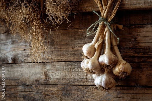 A still life shot showcasing a braid of garlic hanging against a wooden backdrop.