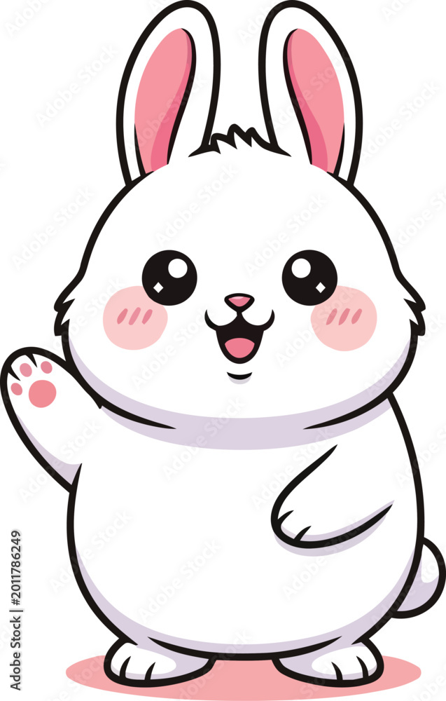 Obraz premium Cute white bunny waving hello, kawaii rabbit mascot illustration for greeting or kids design