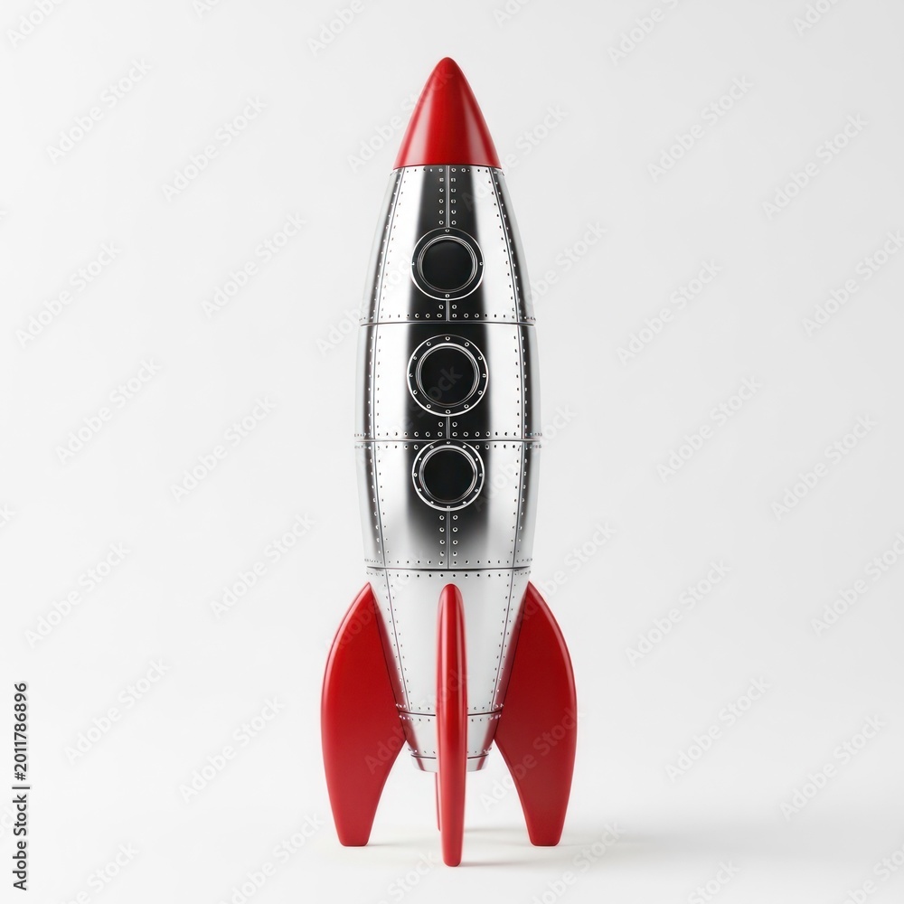 Obraz premium Shiny silver rocket, red fins & tip