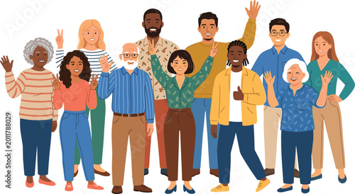 Tableau sur toile Diverse People Vector Set with Men and Women of Various Ages and Ethnicities Waving, Smiling, and Showing Friendly Gestures for Community, Team, and Lifestyle Illustrations