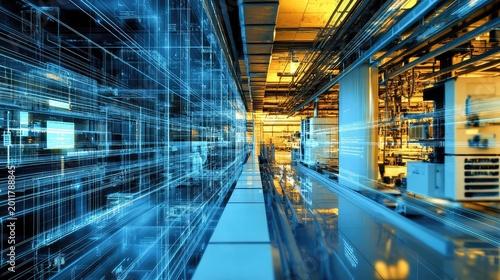 Digital twin concept visualizing a factory floor, integrating data and virtual reality to optimize industrial processes and drive smart manufacturing forward