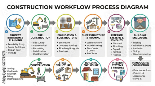 Fotografía Construction Workflow Process Diagram Illustrating Project Stages