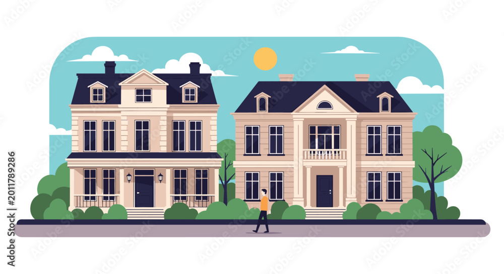 Fototapeta premium Two large elegant residential houses with classical architecture and a person walking on the sidewalk in a quiet neighborhood.