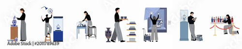 Fotografie A set of illustrations showing museum staff carefully cleaning, cataloging, and displaying antique Chinese porcelain and historical figurines in a gallery or museum exhibition setting