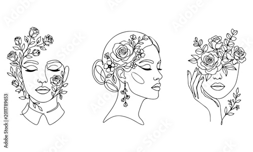 Set of three continuous line art portraits of women with floral elements