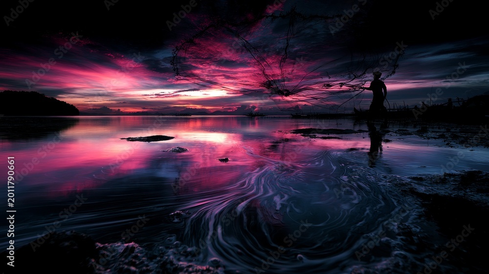 Naklejka premium Silhouette of Fisherman Casting Net at Vibrant Purple Sunset Over Tropical Waters