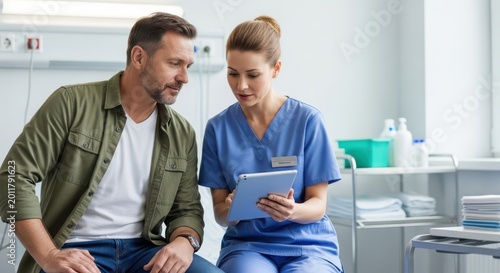 A nurse showing medical information on a tablet to a male patient