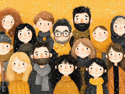 Group of diverse people smiling in winter clothes on yellow background  