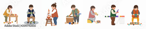 Photos Set of seven toddlers engaging in Montessori-style fine motor activities with colorful pom-poms and tongs, isolated on white