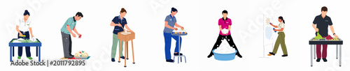 Fotografía Set of flat illustrations of teachers and therapists conducting sensory play activities with foam, water, and various materials for early childhood development