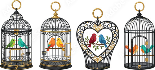Obraz na plátně Vintage Decorative Bird Cages with Colorful Love Birds in Ornamental Style Isola