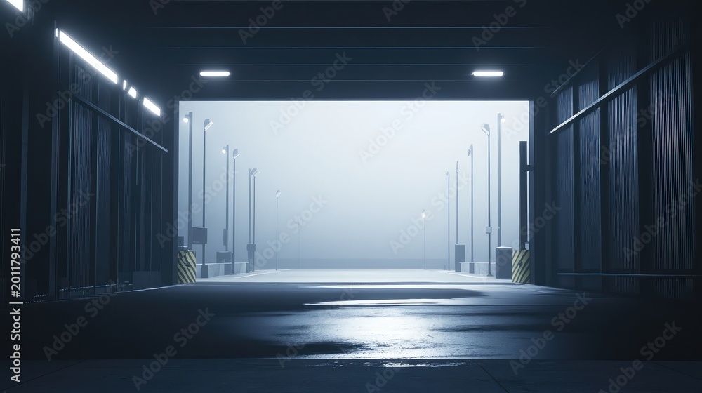 Fototapeta premium Industrial complex loading dock area in the evening, illuminating a long, empty pathway leading into a dense fog, creating a mysterious and atmospheric ambiance