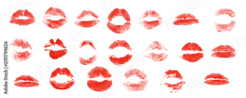 Red lipstick kiss marks collection isolated on white background