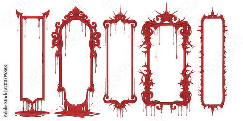 Foto Set of spooky red dripping frames and gothic borders for halloween design projec