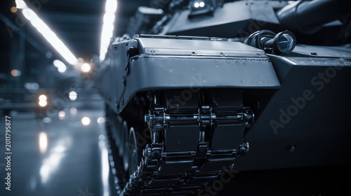 Armored military tank track system in a dimly lit warehouse environment, highlighting modern defense technology, power, and readiness for strategic operations