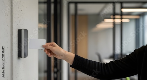 Employee uses a blank white access card to enter a secure modern office building space