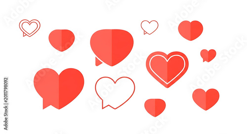 Set of red heart speech bubble icons for social media likes and love messages minimalist flat design heart symbols for valentines day and romantic communication