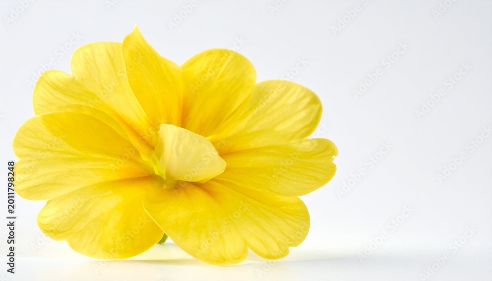 Obraz premium Bright yellow flower with layered petals fully open, smaller bud in background, plain white backdrop emphasizing vivid color and delicate natural texture in minimal composition.