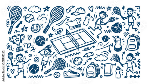 Φωτογραφία Extensive tennis doodle collection featuring cartoon players court equipment and