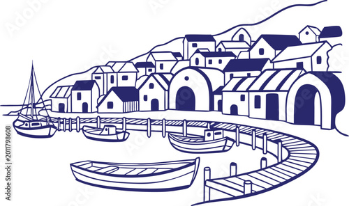 Foto Quaint seaside village with boats docked in a small harbor