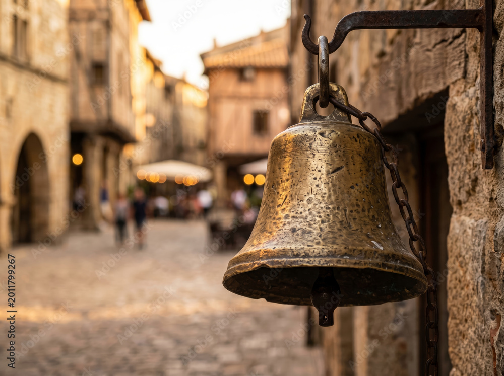 Obraz premium Old Metal Bell Hanging on a Stone Wall in Historic Town Scene