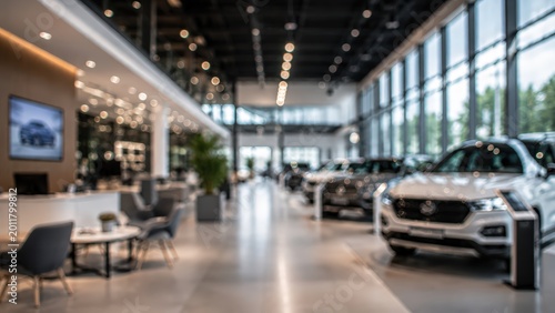 Car dealership showroom interior blurred background luxury automobile retail store modern vehicle display transport industry automotive business